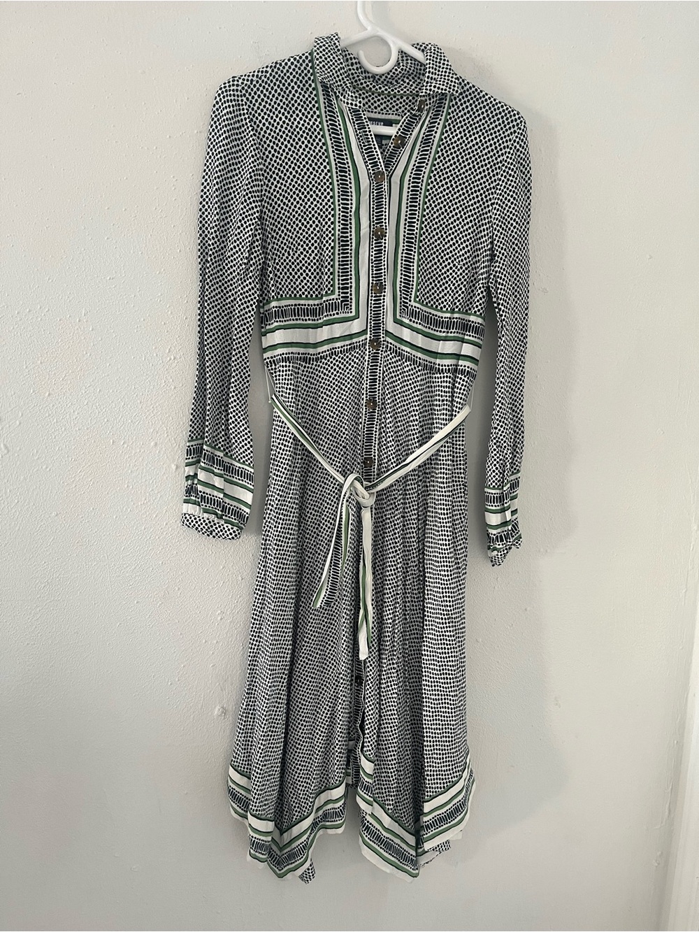 Anthropologie Black & White Geometric Shirt Dress with Green Trim